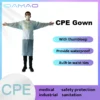 a person wearing a CPE gown, which is being promoted for its features like thumb loops, waterproof material, and built-in waist ties. The gown offers effective protection for medical, industrial, safety, and sanitation purposes. Text on the image highlights these key features: With thumb loop Provides waterproof protection Built-in waist ties The gown is marketed as a CPE (Chlorinated Polyethylene) gown by the brand "DAMAO," and it's recommended for various safety and protective needs.