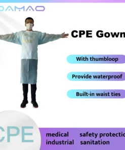 a person wearing a CPE gown, which is being promoted for its features like thumb loops, waterproof material, and built-in waist ties. The gown offers effective protection for medical, industrial, safety, and sanitation purposes. Text on the image highlights these key features: With thumb loop Provides waterproof protection Built-in waist ties The gown is marketed as a CPE (Chlorinated Polyethylene) gown by the brand "DAMAO," and it's recommended for various safety and protective needs.