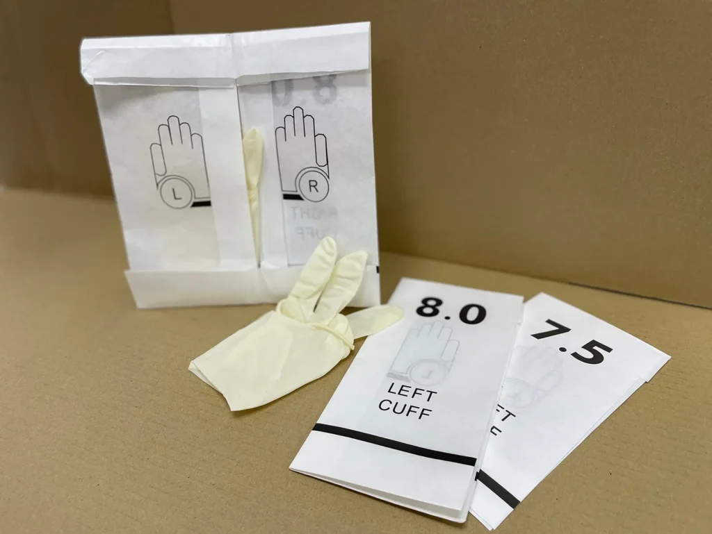 Sterile surgical gloves in various sizes.