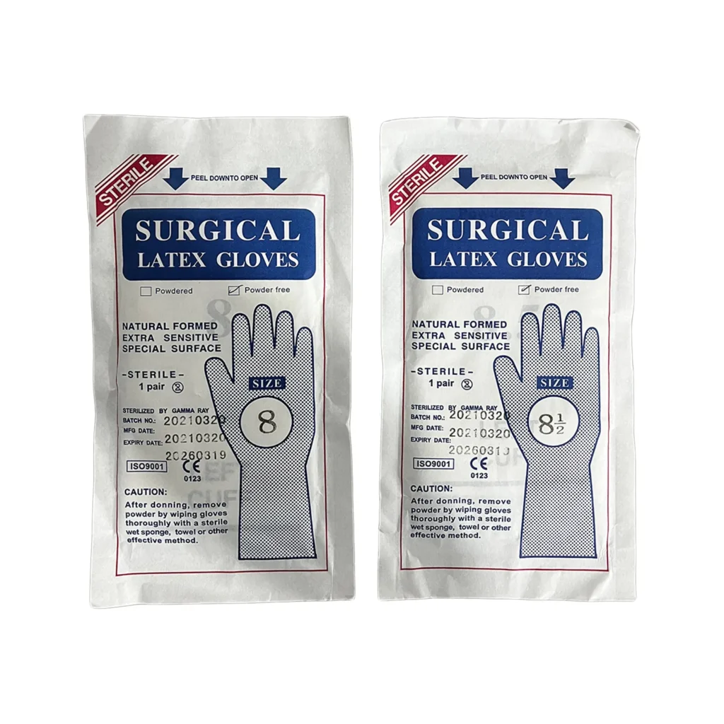 Sterile surgical latex gloves in packaging.
