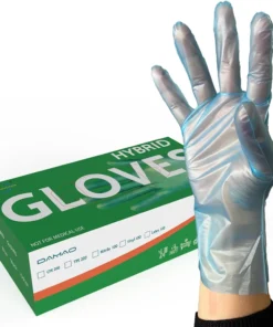 The picture shows a box labeled "Hybrid Gloves," with a hand wearing one of the tpu gloves to demonstrate its fit and material. The glove appears to be disposable, made from a thin, transparent, synthetic material, possibly a blend given the "hybrid" label.