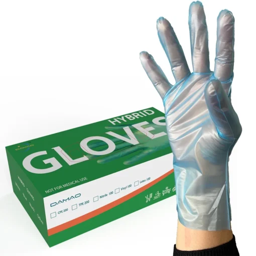 The picture shows a box labeled "Hybrid Gloves," with a hand wearing one of the tpu gloves to demonstrate its fit and material. The glove appears to be disposable, made from a thin, transparent, synthetic material, possibly a blend given the "hybrid" label.