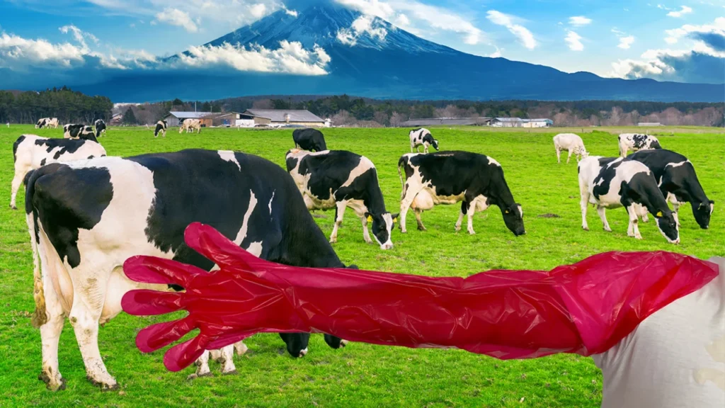 The picture shows a pastoral scene with several black-and-white cows grazing in a green field. In the background, there is a majestic mountain with snow-covered peaks under a partly cloudy sky. In the foreground, a person wearing a bright red veterinarian glove is extending their arm towards the cows. The image likely represents veterinary or animal husbandry activities, emphasizing the use of protective gloves in livestock care.