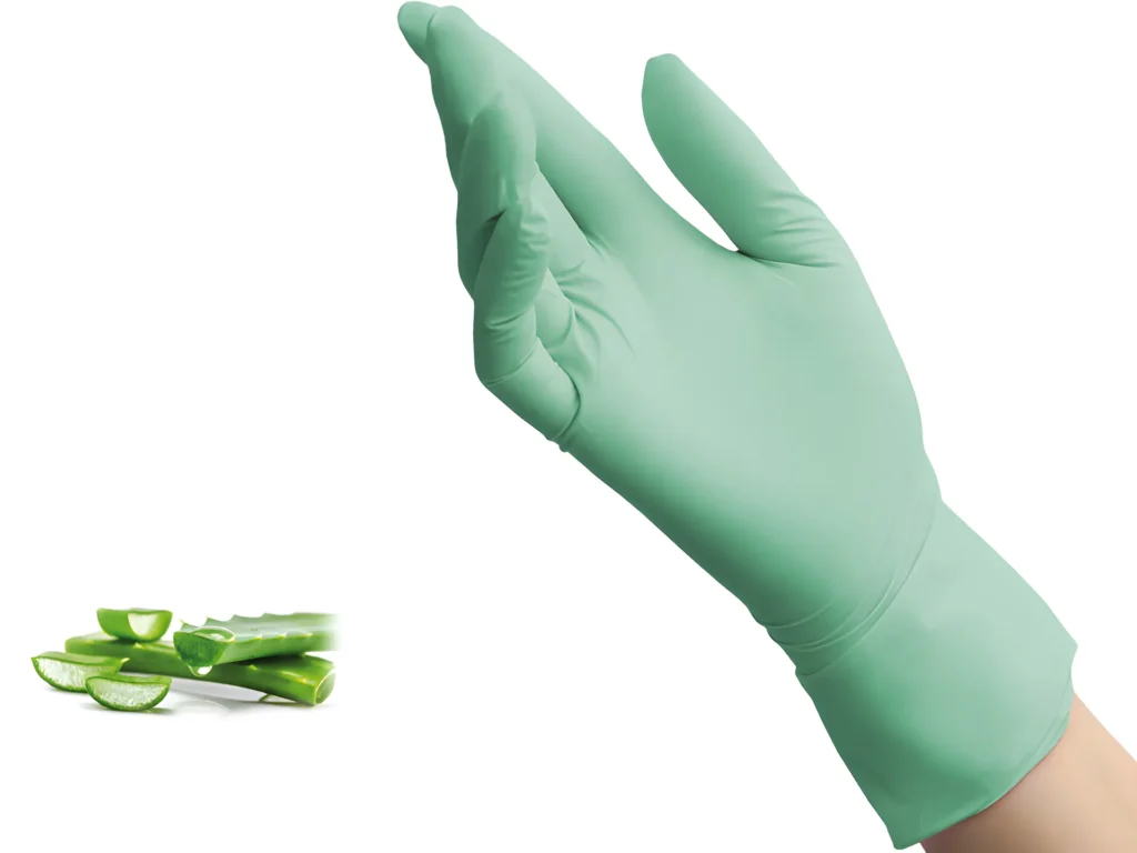 Green latex glove with aloe vera slices