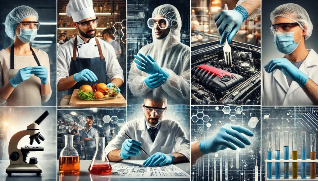 Various professionals wearing gloves and safety gear